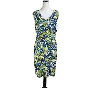 Adrianna Papell NWT Banded Jersey Green Colorful Print Layered Sheath Dress